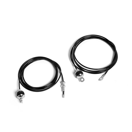 Two coiled black replacement cables from Bells of Steel, featuring silver metal connectors, are elegantly displayed on a white background. Ideal for the Selectorized Lat Pulldown Low Row Machine, Part #41 and #42.