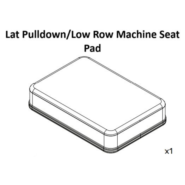 Line drawing of a rectangular seat pad with rounded corners, labeled “Lat Pulldown / Low Row Machine Spare Parts” by Bells of Steel. Perfect as a replacement component for the Lat Pulldown or Low Row Machine. The bottom right features an “x1,” indicating one piece is included.