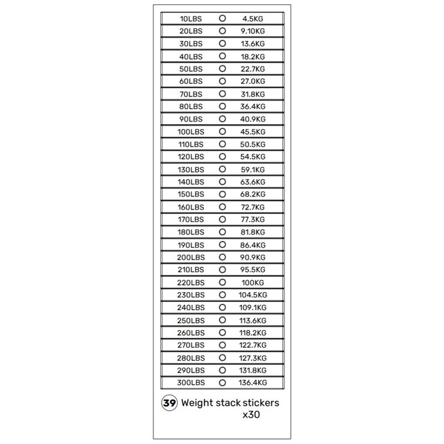 A chart featuring 30 pairs of weights—pounds on the left, kilograms on the right—from Bells of Steel’s Lat Pulldown / Low Row Machine Spare Parts. Ideal for quickly referencing weight stack stickers (x30) for your machine.