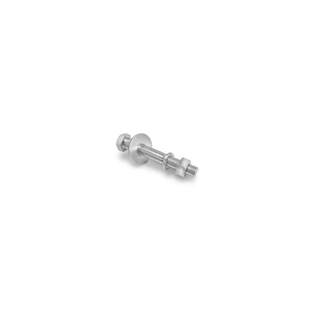 The Hydra Hardware metal bolt assembly by Bells of Steel includes a silver bolt, washer, and two nuts arranged on a white background. Designed as reliable concrete anchor bolts, these threaded components demonstrate precision.