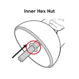 Line drawing of a hand holding a dome, with a threaded rod and the inner hex nut on the Bells of Steel Adjustable Kettlebell & Macebell Spare Parts circled in red. An arrow points to the hex nut—ideal for tightening or loosening with a hex wrench—and text above reads "Inner Hex Nut.