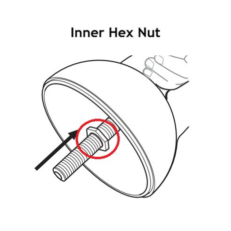 Line drawing of a hand holding a dome, with a threaded rod and the inner hex nut on the Bells of Steel Adjustable Kettlebell & Macebell Spare Parts circled in red. An arrow points to the hex nut—ideal for tightening or loosening with a hex wrench—and text above reads "Inner Hex Nut.