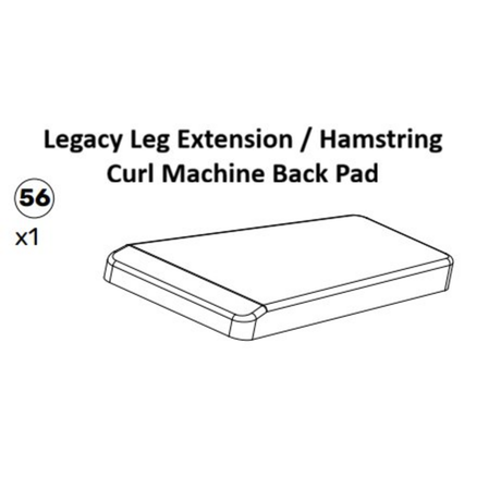Line drawing of a rectangular padded cushion labeled "Plate-Loaded Leg Extension Spare Parts" by Bells of Steel, with a small circle showing the number 56 and quantity x1. This essential replacement part serves as a leg extension pad for plate-loaded leg extension machines.