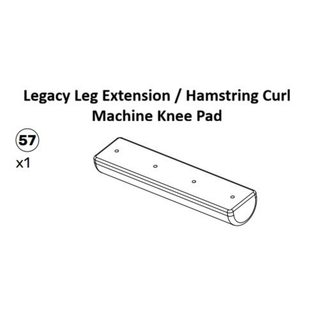 Line drawing of a Bells of Steel Plate-Loaded Leg Extension Spare Parts Knee Pad, labeled "57 x1," showcasing top holes and a rounded bottom as depicted in assembly instructions—perfect for use as a leg extension pad or as an essential replacement part for your plate-loaded leg extension machine.