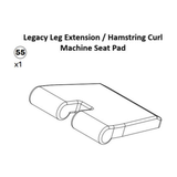 Black-and-white line drawing of a machine seat pad with two cylindrical cushions; labeled “Plate-Loaded Leg Extension Spare Part” from Bells of Steel. This seat pad is compatible with plate-loaded leg extension machines. Text indicates quantity is 1 and part number is 55.