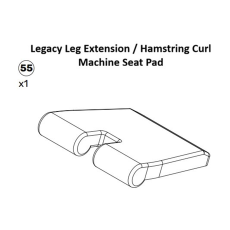 Black-and-white line drawing of a machine seat pad with two cylindrical cushions; labeled “Plate-Loaded Leg Extension Spare Part” from Bells of Steel. This seat pad is compatible with plate-loaded leg extension machines. Text indicates quantity is 1 and part number is 55.