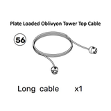 Black and white diagram of a long cable with labeled ends. The text reads, "Oblivyon Cable Tower Spare Parts" by Bells of Steel, featuring the number 56, and "Long cable x1" below the image. Designed for use with Weight Stack Cable systems in the Oblivyon Tower.