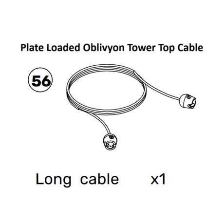 Black and white diagram of a long cable with labeled ends. The text reads, "Oblivyon Cable Tower Spare Parts" by Bells of Steel, featuring the number 56, and "Long cable x1" below the image. Designed for use with Weight Stack Cable systems in the Oblivyon Tower.