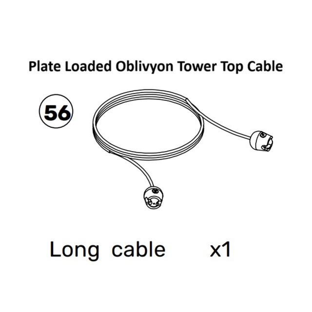 Black and white diagram of a long cable with labeled ends. The text reads, "Oblivyon Cable Tower Spare Parts" by Bells of Steel, featuring the number 56, and "Long cable x1" below the image. Designed for use with Weight Stack Cable systems in the Oblivyon Tower.