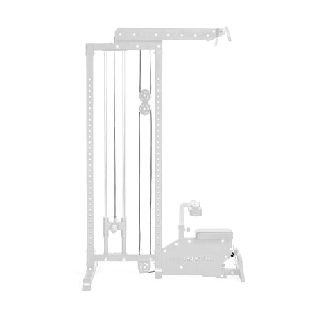 Illustration of Bells of Steel's Plate-Loaded Lat Pulldown Low Row Machine, featuring a pulley system with multiple wheels, a seat, and footrest for strength training. Compatible with replacement cables (Part #37, #38).