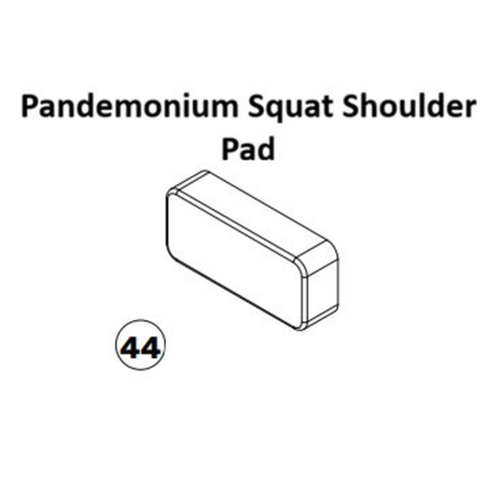 Line drawing of a rectangular pad labeled “Pandemonium Squat Machine Spare Parts” from Bells of Steel. This squat accessory is engineered to enhance squat safety. The number 44 is displayed in a circle below the pad.
