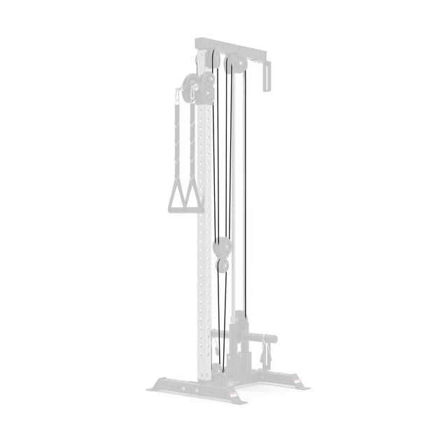 The Bells of Steel Cables for Plate-Loaded Cable Tower features a triangular handle, an adjustable frame with multiple holes, a durable nylon cable and pulley system, and a stable base ideal for strength training.