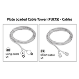 Two labeled diagrams show a long cable with connectors (part 28, quantity 1) and a short cable with connectors (part 29, quantity 1), both spare parts for the Bells of Steel Cable Tower (STK-PULT4-MA / PULT5-MA).