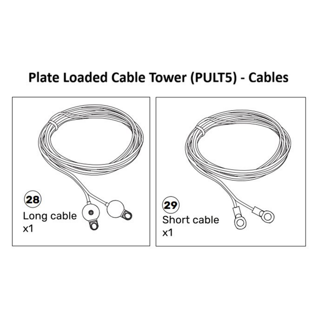Two labeled diagrams show a long cable with connectors (part 28, quantity 1) and a short cable with connectors (part 29, quantity 1), both spare parts for the Bells of Steel Cable Tower (STK-PULT4-MA / PULT5-MA).