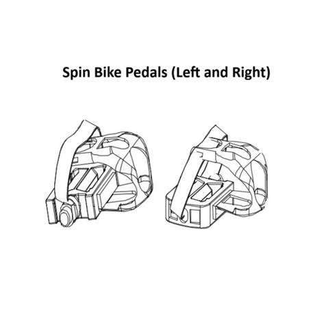 Line drawing of two spin bike pedals with straps, labeled left and right, shown side by side against a white background—these Bells of Steel Blitz Indoor Cycling Bike Spare Parts are designed to attach securely to your bike crank, providing stable and efficient indoor rides.