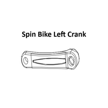 Horizontal line drawing of a metal left crank, featuring holes at both ends, labeled “Blitz Indoor Cycling Bike Spare Part – Left Crank” above it; compatible with the Bells of Steel Blitz Indoor Cycling Bike.