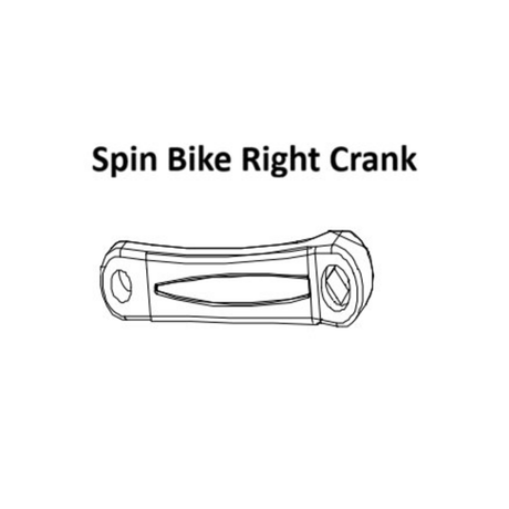 Line drawing of a bike crank from the Blitz Indoor Cycling Bike Spare Parts by Bells of Steel, showing the right crank—a metal component with attachment holes at both ends—labeled “Spin Bike Right Crank” above the image.