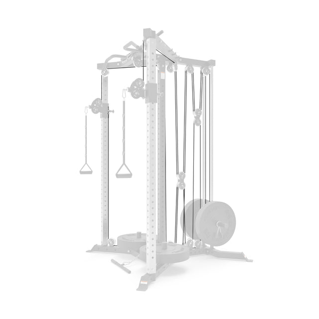 The Bells of Steel Plate-Loaded All-in-One Trainer combines versatile pulleys and handles with replacement cables (Part #30, #31, #32) and weight plates for strength training exercises. It features adjustable attachments and a durable metal frame.