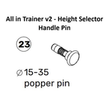 Black and white diagram of a cylindrical popper pin (labeled "23," 15–35 mm dia.) for Bells of Steel All-in-One Trainer 2.0 Spare Parts—designed to maintain cable tension and height adjustment on your trainer.