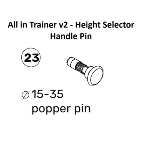 Black and white diagram of a cylindrical popper pin (labeled "23," 15–35 mm dia.) for Bells of Steel All-in-One Trainer 2.0 Spare Parts—designed to maintain cable tension and height adjustment on your trainer.