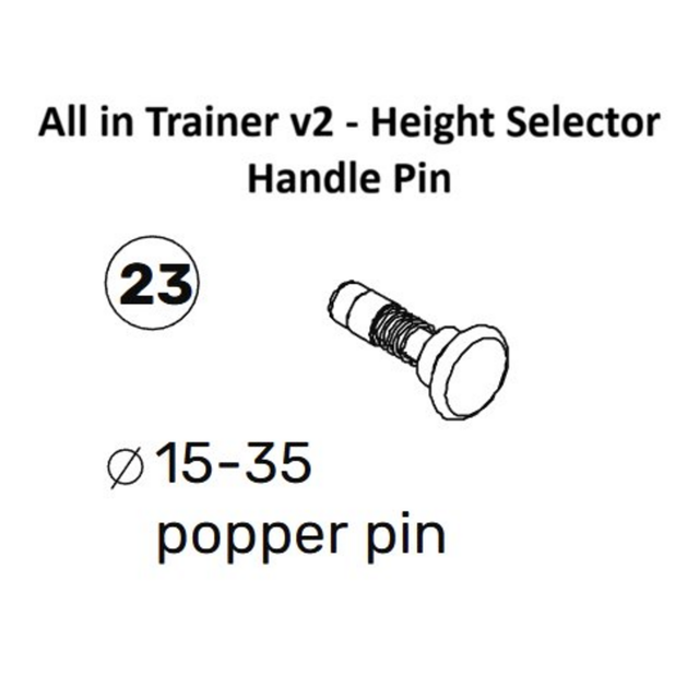 Black and white diagram of a cylindrical popper pin (labeled "23," 15–35 mm dia.) for Bells of Steel All-in-One Trainer 2.0 Spare Parts—designed to maintain cable tension and height adjustment on your trainer.