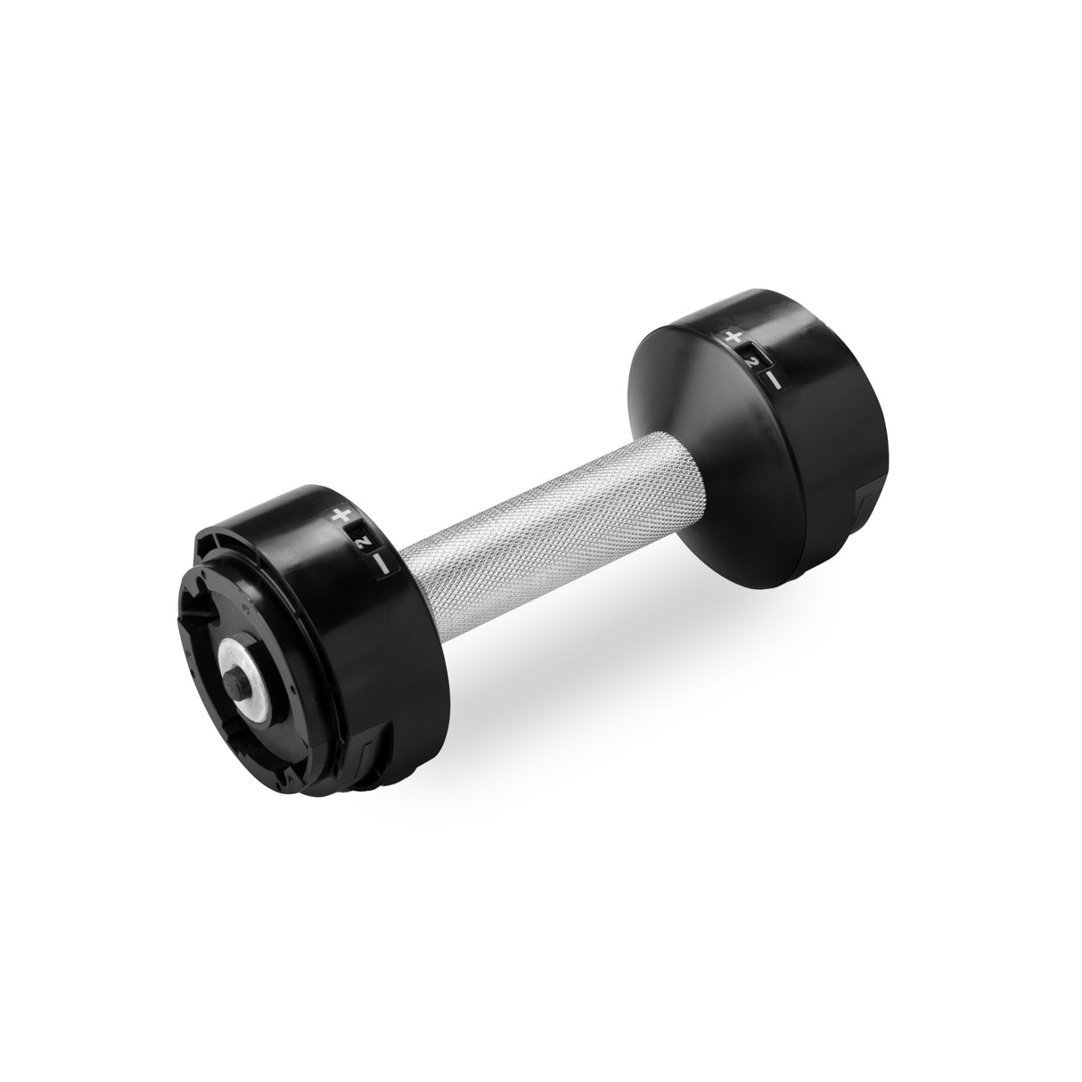 The NÜOBELL Replacement Handle by Nuobell is perfect for workouts, featuring a shiny silver handle and black plates. With visible adjustment buttons and markings, it's easy to switch weights. Ideal for fitness enthusiasts and set against a pristine white background, this versatile tool stands out.