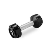 The NÜOBELL Replacement Handle by Nuobell is perfect for workouts, featuring a shiny silver handle and black plates. With visible adjustment buttons and markings, it's easy to switch weights. Ideal for fitness enthusiasts and set against a pristine white background, this versatile tool stands out.