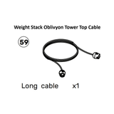Black and white diagram of an "Oblivyon Cable Tower Spare Part" (Bells of Steel), labeled as part 59, showing one long cable with connectors at both ends. Text: "Long cable x1.