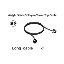 Black and white diagram of an "Oblivyon Cable Tower Spare Part" (Bells of Steel), labeled as part 59, showing one long cable with connectors at both ends. Text: "Long cable x1.