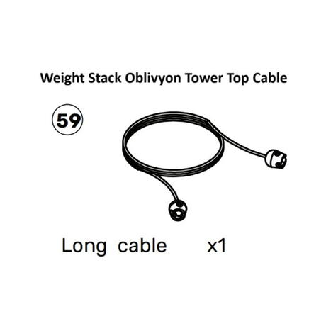Black and white diagram of an "Oblivyon Cable Tower Spare Part" (Bells of Steel), labeled as part 59, showing one long cable with connectors at both ends. Text: "Long cable x1.