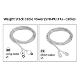 Illustration shows two labeled cables for the Bells of Steel Cable Tower Spare Parts (STK-PULT4-MA / PULT5-MA): "Long cable x1" on the left and "Short cable x1" on the right, each spare weight stack cable coiled with connectors at the ends.