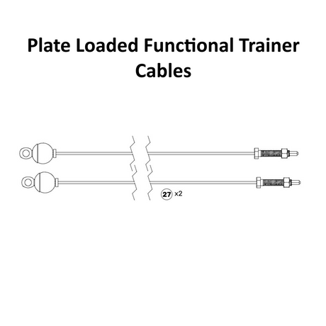 Black and white diagram of two Bells of Steel Functional Trainer Spare Parts cables, each featuring a ball end and threaded connector. The number 27 and quantity “x2” appear in the center. Compatible with both Weight Stack and Plate Loaded Functional Trainer systems.