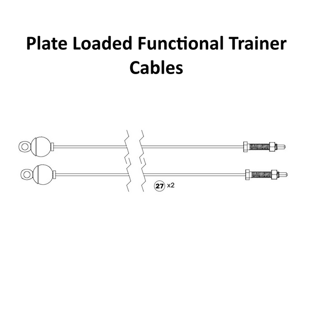 Black and white diagram of two Bells of Steel Functional Trainer Spare Parts cables, each featuring a ball end and threaded connector. The number 27 and quantity “x2” appear in the center. Compatible with both Weight Stack and Plate Loaded Functional Trainer systems.