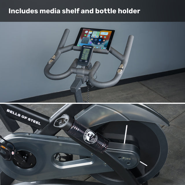 Two close-up views of the Bells of Steel Blitz Indoor Cycling Bike: one features adjustable handlebars with a media shelf and bottle holder, while the other highlights the flywheel and "BELLS OF STEEL" branding on the frame.