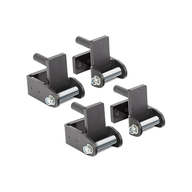 The Safety Strap Connectors by Bells of Steel consist of four black swivel brackets with attached rollers, featuring sleek cylindrical silver roller mechanisms and handle-like extensions. Each connector includes a visible bolt for fastening, making them ideal for power rack setups or other equipment requiring stability and mobility.