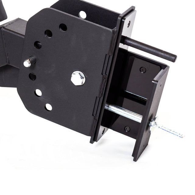 Close-up of the Bells of Steel Seal Row Pad Rack Attachment in black metal, which showcases several holes for easy adjustments, making it perfect for rack attachment. This adapter is crafted for vehicle installation and includes visible bolts and a crossbar. It sports a sleek matte finish.