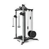 The Bells of Steel All-in-One Trainer is a multifunctional unit featuring adjustable pulleys, weight stacks, and various attachments like handles and bars, displayed against a white background.