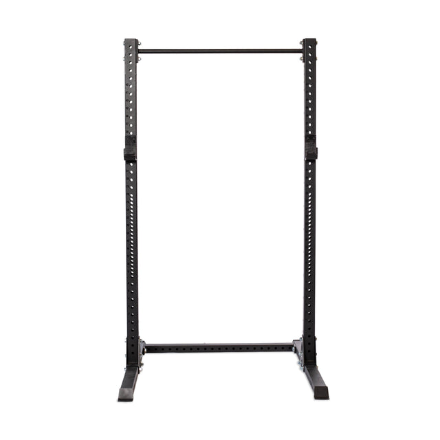 The Hydra Squat Stand Builder by Bells of Steel is a black power rack with ⅝" holes for modular gym attachments, a pull-up bar, and sturdy stabilizing feet, perfect for a home gym setup.