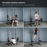 Four gym images, each featuring a person using the Bells of Steel Manticore Squat Stand Builder (3" x 3", 1" Holes) for exercises such as bench press, deadlift, squat, and pull-up. Text above reads: "Versatile workout options. Add rack attachments to unlock even more exercises—perfect for upgrading your home gym or pairing with your squat stand.