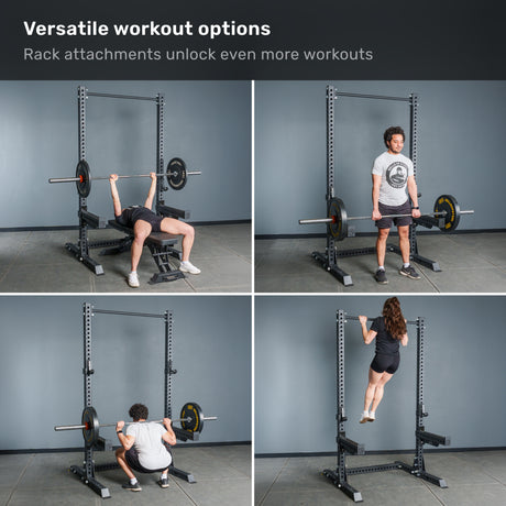 Four images show two people using the Bells of Steel Manticore Squat Stand - Prebuilt (3" x 3", 1" Holes) for bench press, deadlift, squat, and pull-up exercises. The top caption reads: “Versatile workout options. Attachments for the Manticore Squat Stand unlock even more training possibilities—perfect for any home gym or squat stand setup.”.