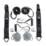 The Bells of Steel Suspension Spotter Straps and Bodyweight System includes black straps, metal carabiners, handles, chains, and shackles—perfect for suspension training in your home gym.