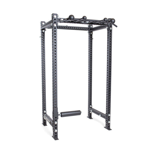 The Bells of Steel Split Squat Leg Roller Rack Attachment is a black power rack with adjustable holes for various accessories, featuring a pull-up bar and padded leg attachment for Bulgarian split squats, designed with sturdy metal construction for weightlifting and strength training.