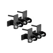 Introducing the Bells of Steel Safety Strap Connectors: a set of four sleek black metal brackets paired with silver rods and screws. With a minimalist industrial design, these versatile brackets are perfect for shelving or structural support and can also serve as safety strap connectors in power rack setups.