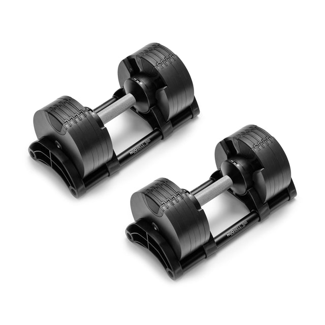 The NÜOBELL Adjustable Dumbbells by Nuobell feature machined steel weight plates on a sleek silver handle, all set against a white background with an innovative patent-pending design.