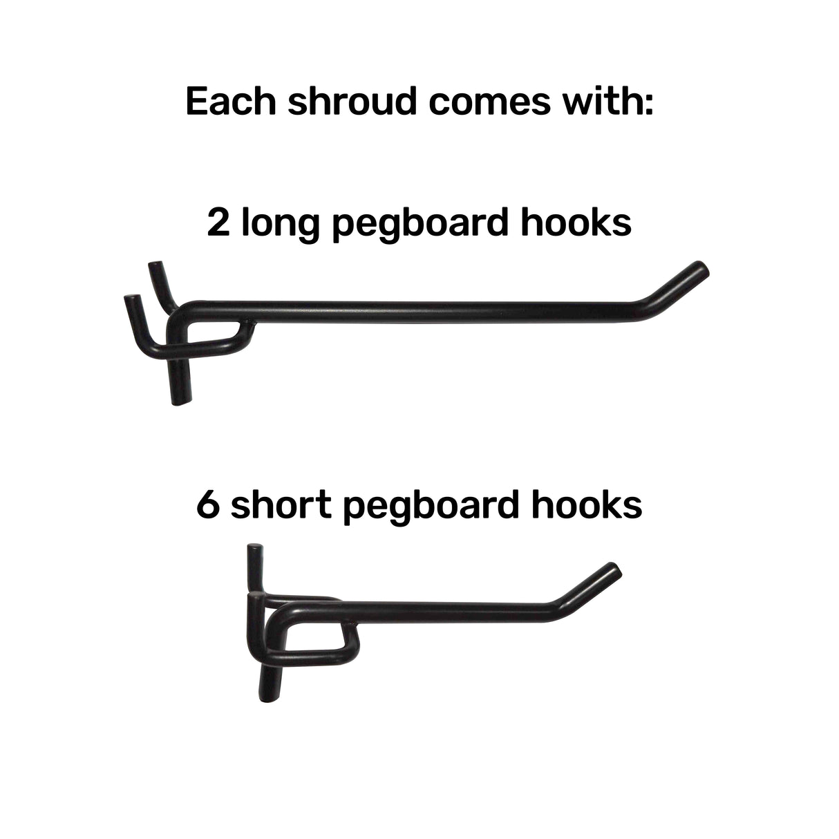 Image features Bells of Steel's Kraken Weight Stack Shroud with text: "Includes 2 long pegboard hooks and 6 short pegboard hooks." Black hooks on a white background ensure home gym safety.