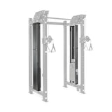 The Kraken Weight Stack Shroud (Single Side) by Bells of Steel is a steel frame cable crossover machine with adjustable pulleys and metal handles. It features black central support and pulleys on a semi-transparent structure for home gym safety.