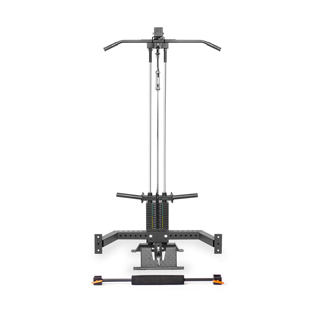 The Bells of Steel Lat Pulldown & Low Row Rack Attachment for Hydra & Manticore features a pulley system with adjustable weights, bars, and attachments, perfect for various cable exercises. Its sleek, compact design suits personal fitness spaces.