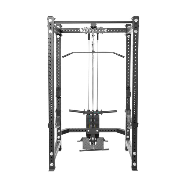 The Bells of Steel Lat Pulldown & Low Row Rack Attachment for Hydra & Manticore offers a black metal design with a pulley system and adjustable weight stack. It features a versatile cable setup with multiple height settings, compatible with Olympic weight plates.