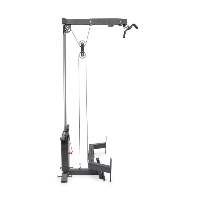 The Bells of Steel Lat Pulldown & Low Row Rack Attachment for Hydra & Manticore is a black and silver machine perfect for cable exercises and resistance training, featuring a vertical frame with adjustable weights and a high pulley system for versatile workouts.