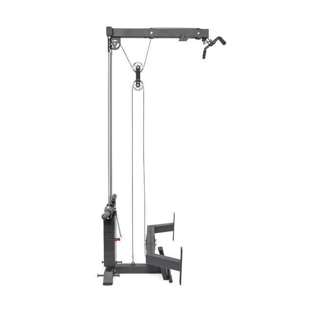 A side view of a home gym cable machine showcases a vertical frame with pulleys, cable exercises, and a handlebar. It includes a seat, foot supports, and a weight stack for strength training. Enhance workout versatility with Bells of Steel's Lat Pulldown & Low Row Rack Attachment - Hydra & Manticore.